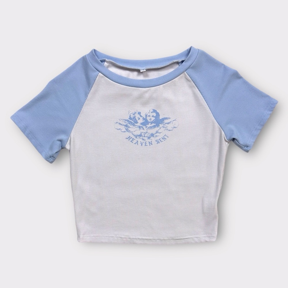 Heaven Sent White and Blue Graphic Baby Tee